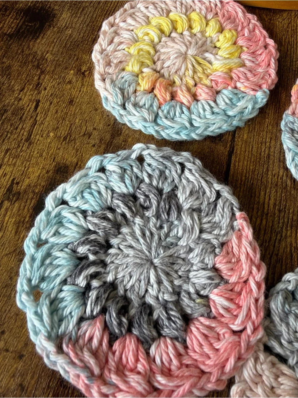 Hand Crafted Pastel Crochet Round Coasters in Pink, Blue, Gray, Cream